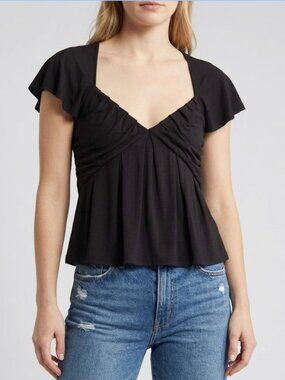 FRAME Shirred Flounce Top in Noir, M NWT